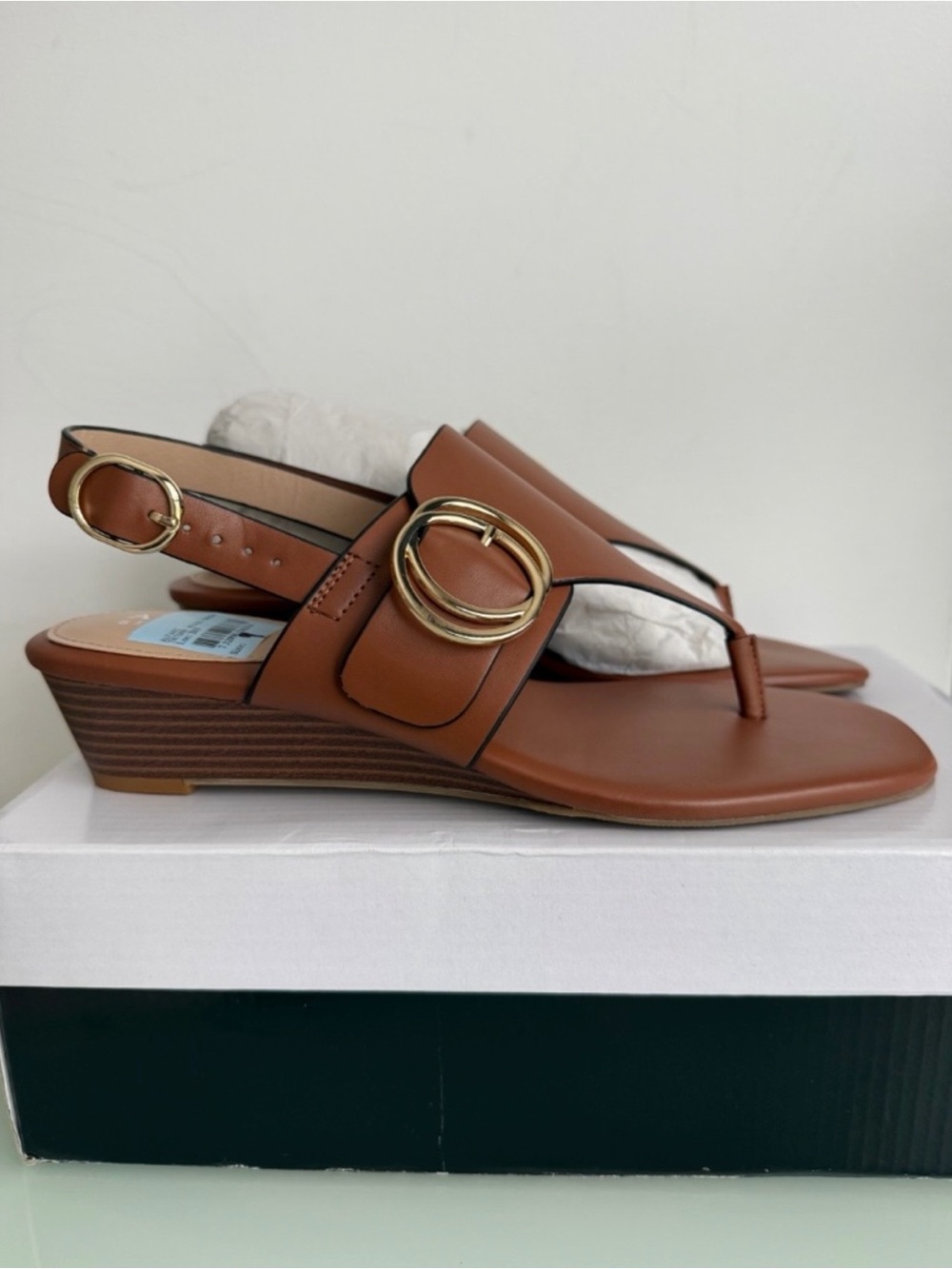 Alfani Tan Leather Wedge Slingback Sandals with Gold Rings - Picture 5 of 5